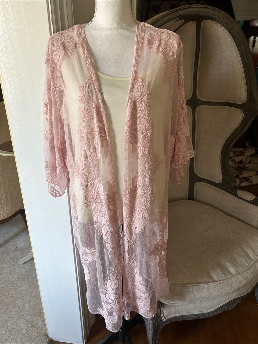 NWT Pastel Pink Sheer Floral Lace Open Drape Cardigan XXL-XXXL